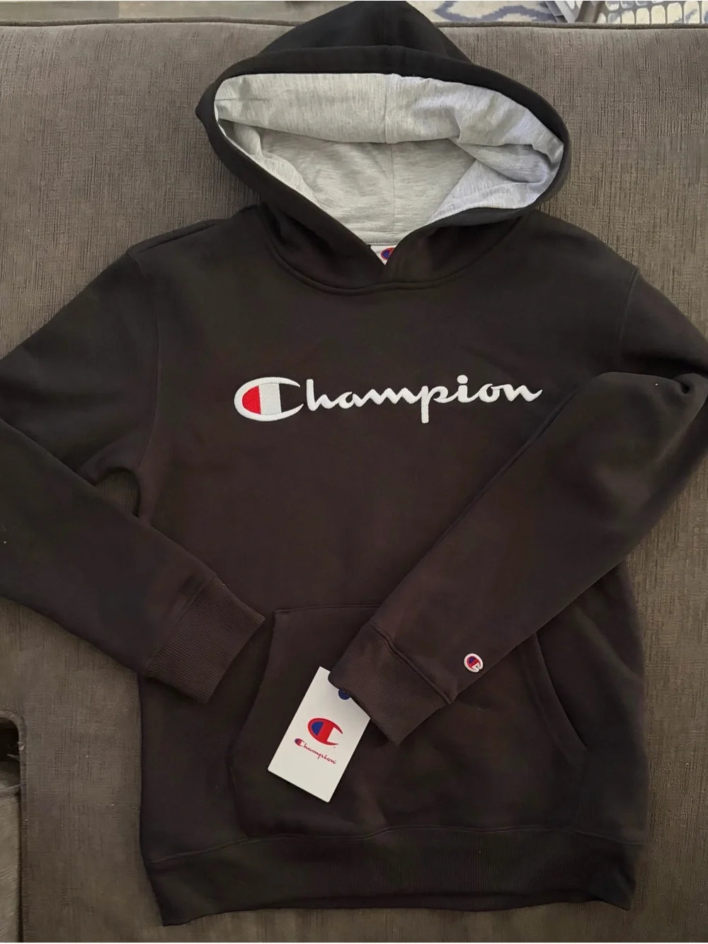 Champion Kid’s Black Crewneck Hoodie with Gray Lining